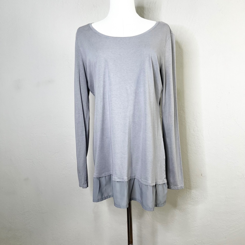 Garnet Hill Gray Long‎ Sleeve Tunic Top Ruffle Hem Scoop Neck Modal Size Medium